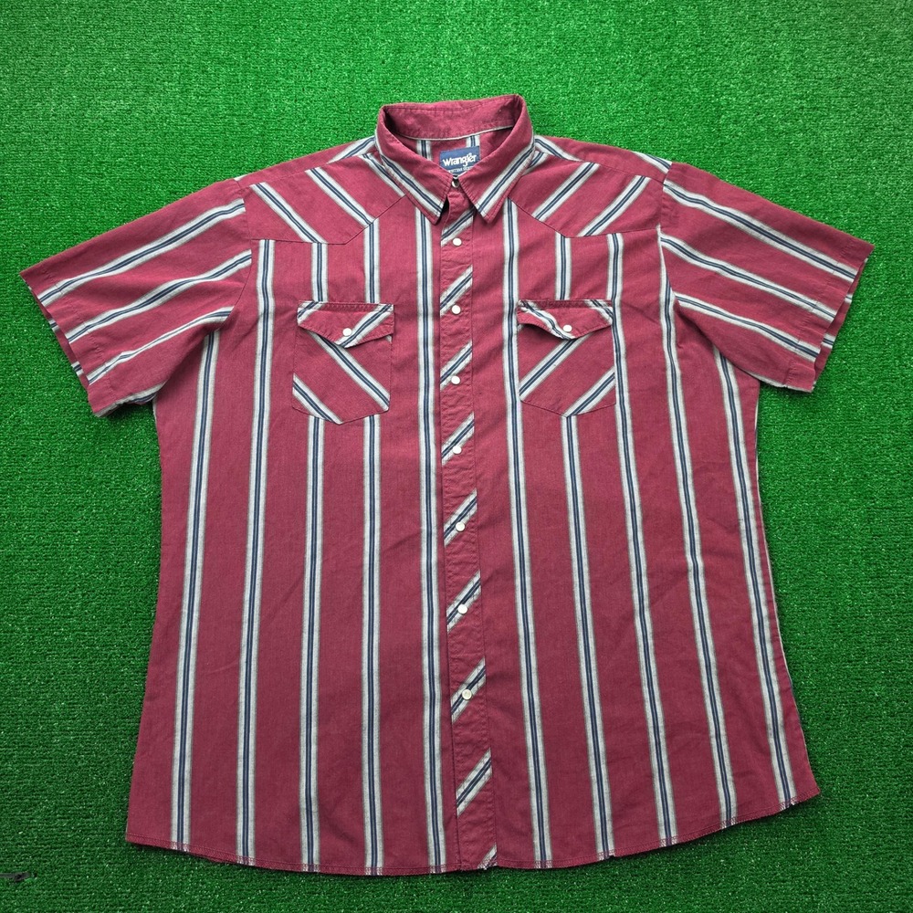 Wrangler Western Pearl Snap Shirt Mens 2XL Maroon Striped Button Up Cowboy